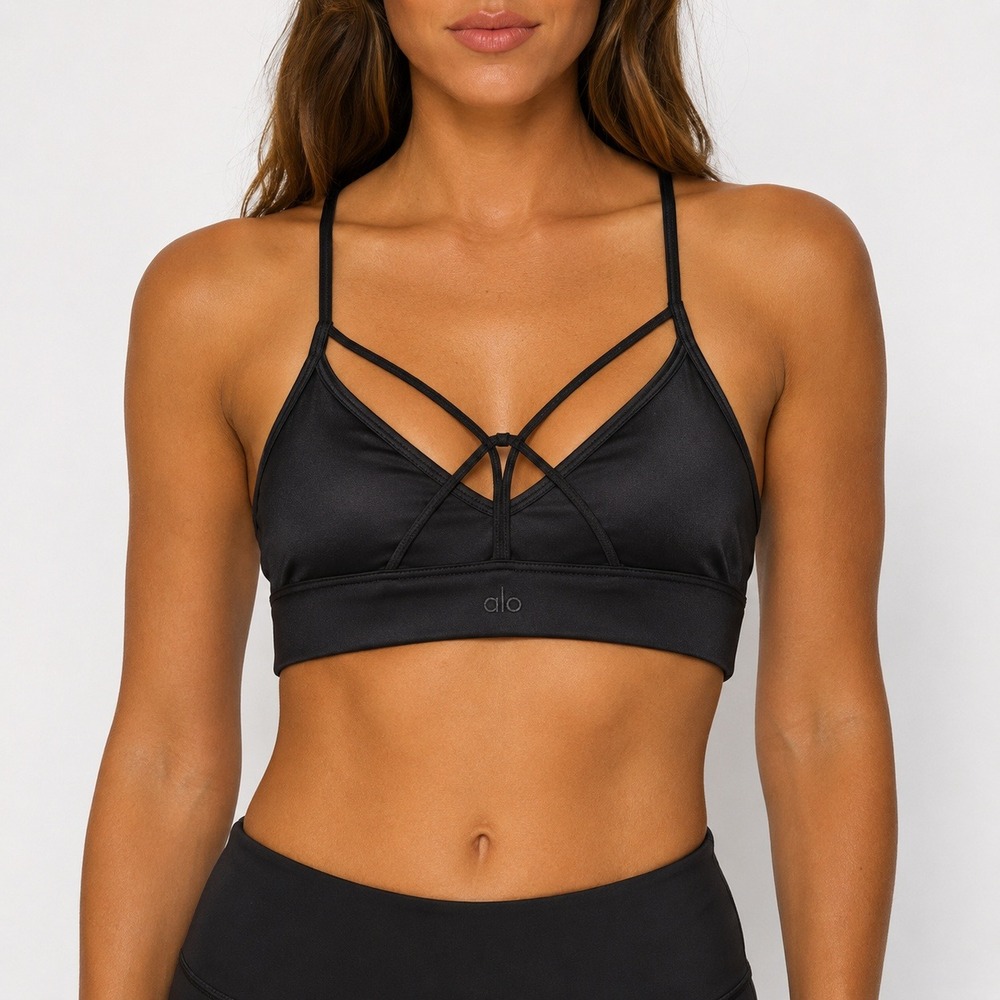 Alo Yoga Interlace Sports Bra Black Strappy Back V-Neck Athletic Crop Top